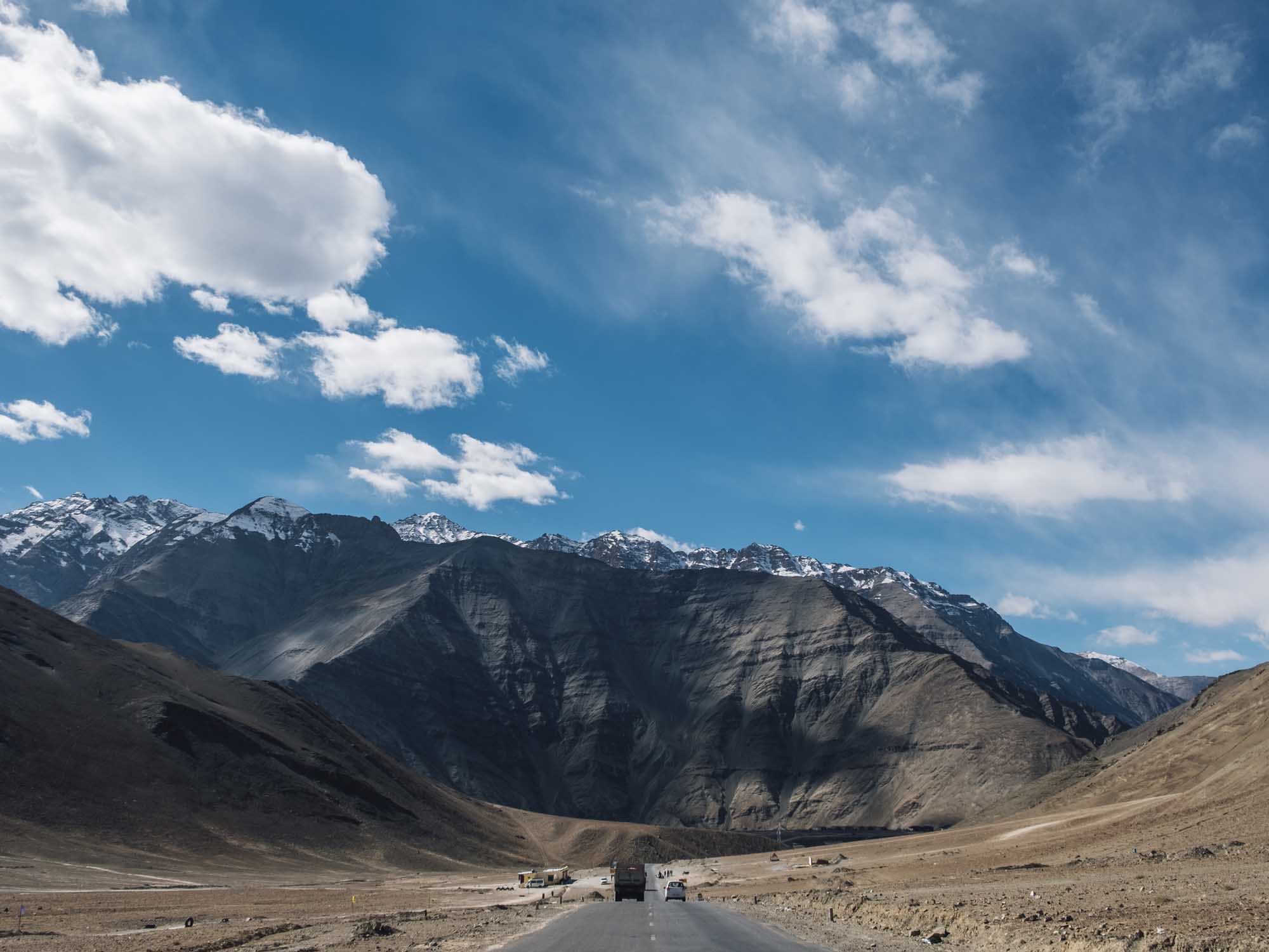Magnetic hill mountain and blue sky road way in Leh Ladakh, India